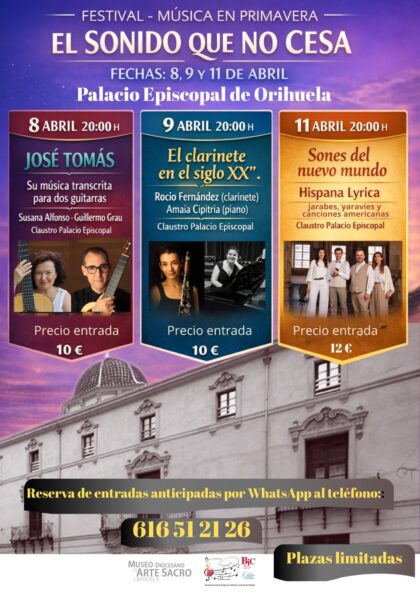 Orihuela, evento cultural: Concierto 'José Tomás. Su música transcrita para dos guitarras', por los guitarristas Susana Alfonso y Guillermo Grau, dentro del Festival de Música en Primavera 'El sonido que no cesa' organizado por la asociación cultural ACAMDO y el Museo Diocesano de Arte Sacro