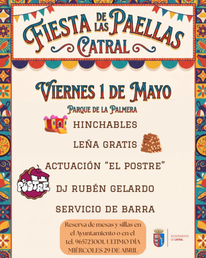 Catral, evento: Fiesta de las paellas 2026, con hinchables, leña gratis, actuación musical por 'El postre' y sesión del dj Rubén Gelardo, organizada por el Ayuntamiento