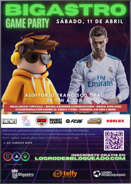 Bigastro, evento: Inscripción al 'Bigastro Game Party' con actividades tecnológicas, videojuegos, cultura y con una veintena de juegos, organizado por la empresa especializada 'Logro Desbloqueado' y el Ayuntamiento