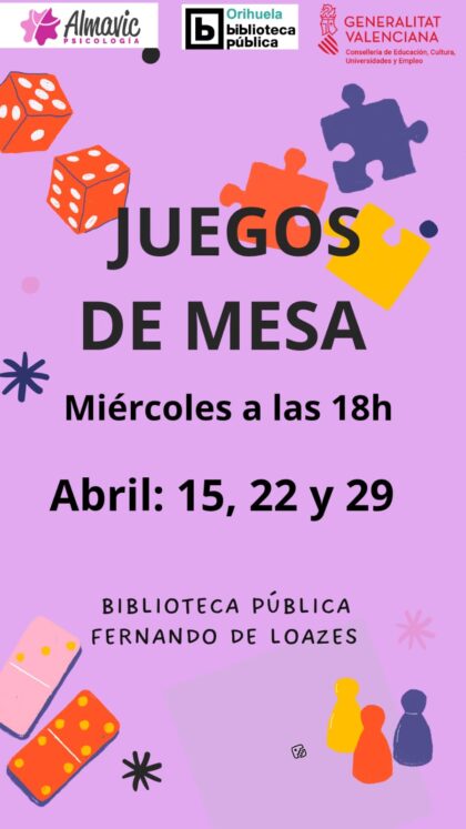 Orihuela, evento: Actividad de juegos de mesa para todas las edades, dentro de los actos de la Biblioteca Pública y Archivo Histórico ‘Fernando de Loazes’