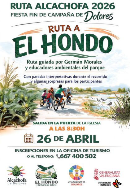 Dolores, evento: Ruta y visita guiada en bici por la huerta de Dolores y el Parque Natural 'El Hondo', dentro de los actos de la VIII Fiesta Gastrocultural de Fin de Campaña de la Alcachofa organizados por el Ayuntamiento Dolores, evento: Ruta y visita guiada en bici por la huerta de Dolores y el Parque Natural 'El Hondo', dentro de los actos de la VIII Fiesta Gastrocultural de Fin de Campaña de la Alcachofa organizados por el Ayuntamiento