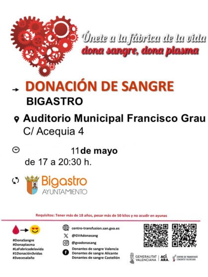 Bigastro, evento: Donación de sangre, organizada por el Centro de Transfusiones de la Comunidad Valenciana