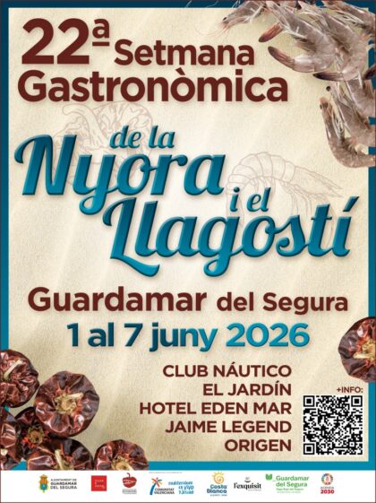 Guardamar del Segura, evento: 22ª Semana Gastronómica de la Ñora y el Langostino (22ª Setmana Gastronòmica de la Nyora i el Llagostí) con cinco restaurantes participantes, dentro de la agenda municipal de junio del Ayuntamiento