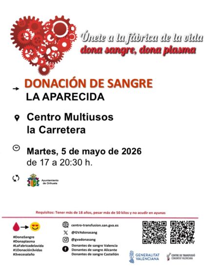 La Aparecida de Orihuela, evento: Donación de sangre, organizada por el Centro de Transfusiones de la Comunidad Valenciana y el Ayuntamiento