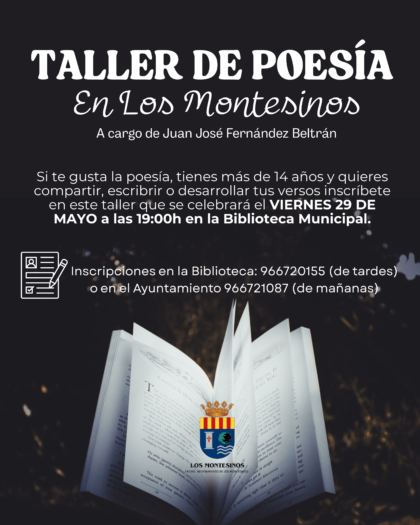Los Montesinos impulsa un Taller de Poesía en su Biblioteca Municipal a cargo del escritor local Juan José Fernández Beltrán y dirigido a mayores de 14 años