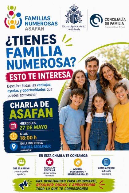 Orihuela informa a las familias numerosas sobre ayudas, descuentos y recursos disponibles