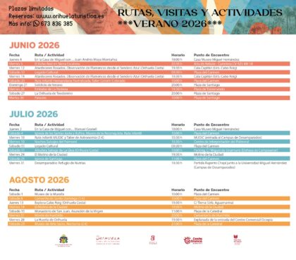 Orihuela, evento: Reservas para las rutas y visitas turísticas guiadas y actividades de verano, organizadas por la Concejalía de Turismo
