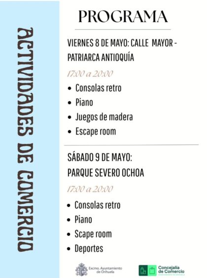 Orihuela, evento: Actividades de animación comercial en primavera con consolas retro, piano, 'escape room' y actividades deportivas, organizadas por la Concejalía de Comercio