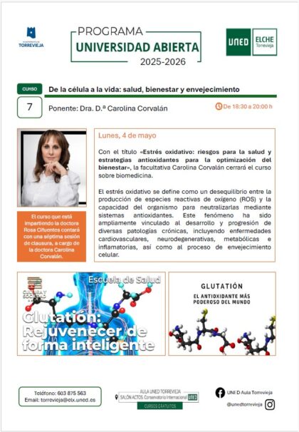 Torrevieja, evento: Conferencia 'Estrés oxidativo: riesgos para la salud y estrategias antioxidantes para la optimización del bienestar', por la médica laboral, la doctora Carolina Corvalán, dentro del curso 'De la célula a la vida' del Aula UNED de Torrevieja