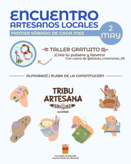 Almoradí, evento: Encuentro de artesanos locales con el taller gratuito para crear pulsera y llavero, con 'crochet', macramé, artesanía en vidrio, pintura, cerámica, orfebrería, madera, impresión 3D, bordado, entre otros, organizado por la Concejalía de Mercado