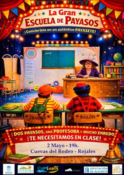 Rojales, evento: Espectáculo 'La gran escuela de payasos', con dos payasos, una profesora y enredo, en el encuentro ‘Rodearte’, dentro de los actos de mayo de la Concejalía de Cultura
