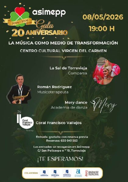 Torrevieja, evento: Gala del 20º aniversario de la asociación ASIMEPP en los actos para conmemorar el Día Internacional de la Fibromialgia, dentro de la programación cultural para el segundo cuatrimestre de 2026 organizada por la Concejalía de Cultura