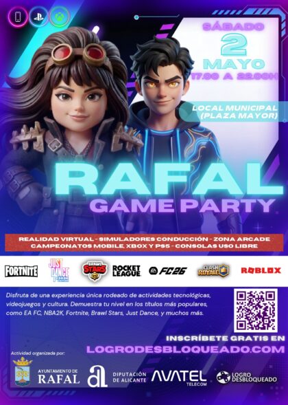 Rafal, evento: Inscripción al III 'Rafal Game Party' con actividades tecnológicas, videojuegos, cultura y con una veintena de juegos, organizado por la empresa especializada 'Logro Desbloqueado' y la Concejalía de Juventud