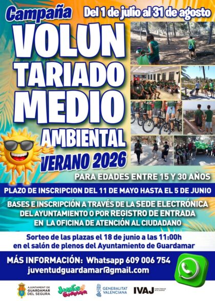 Guardamar del Segura, evento: Inscripción a la campaña de voluntariado medioambiental Verano 2026 para edades entre 15 y 30 años, organizada por la Concejalía de Juventud