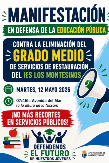 Los Montesinos, evento: Manifestación en defensa de la educación pública contra la eliminación del Grado Medio de Servicios de Restauración del IES Los Montesinos 'Remedios Muñoz', organizado por el Ayuntamiento