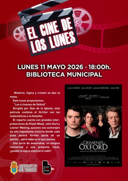 Guardamar del Segura, evento cultural: Sesión de cine con la película española 'Los crímenes de Oxford' (2008), de Álex de la Iglesia y con Elijah Wood, John Hurt y Leonor Watling, en el ciclo 'El cine de los lunes', dentro de la agenda municipal de mayo del Ayuntamiento Guardamar del Segura, evento cultural: Sesión de cine con la película española 'Los crímenes de Oxford' (2008), de Álex de la Iglesia y con Elijah Wood, John Hurt y Leonor Watling, en el ciclo 'El cine de los lunes', dentro de la agenda municipal de mayo del Ayuntamiento