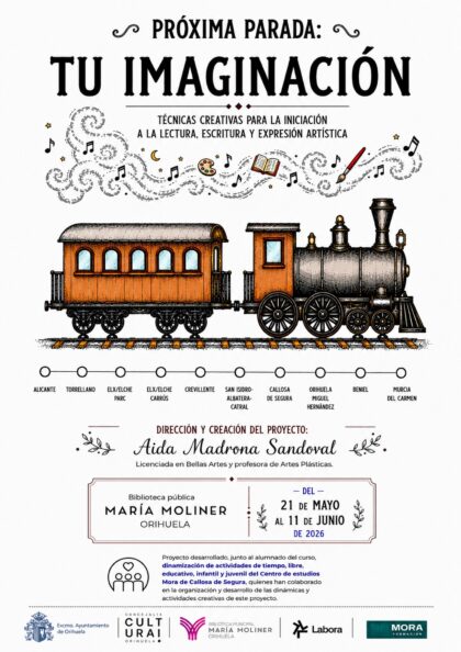 Orihuela, evento: Proyecto para niños y adolescentes 'Próxima parada: Tu imaginación', por la licenciada en Bellas Artes, Aída Madrona, para fomentar la iniciación a la lectura, la escritura y la expresión artística a través de técnicas creativas, organizado por la Concejalía de Cultura y la Biblioteca Municipal 'María Moliner'