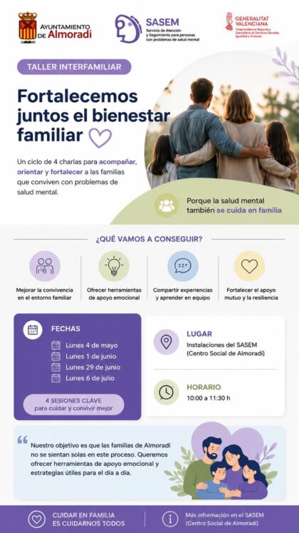 Almoradí, evento: Charla para acompañar, orientar y fortalecer a las familias que conviven diariamente con la enfermedad mental, dentro del ciclo de taller interfamiliar 'Fortalecemos juntos el bienestar familiar' organizado por el SASEM y Concejalía de Bienestar Social