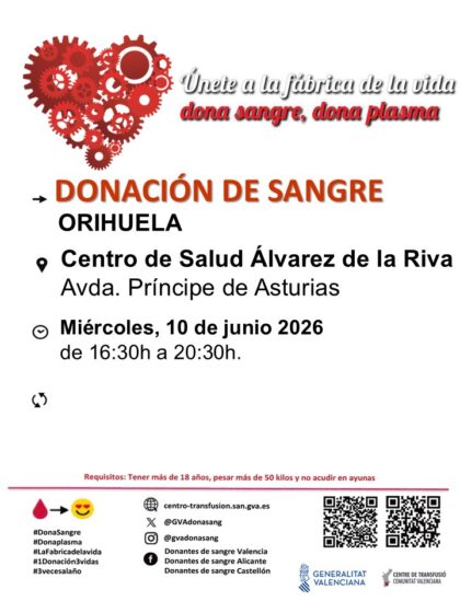 Orihuela, evento: Donación de sangre, organizada por el Centro de Transfusiones de la Comunidad Valenciana