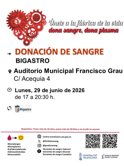 Bigastro, evento: Donación de sangre, organizada por el Centro de Transfusiones de la Comunidad Valenciana