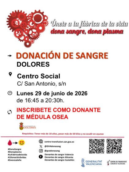 Dolores, evento: Donación de sangre y para inscribirse como donante de médula ósea, organizada por el Centro de Transfusiones de la Comunidad Valenciana