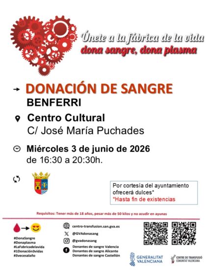 Benferri, evento: Donación de sangre, organizada por el Centro de Transfusiones de la Comunidad Valenciana