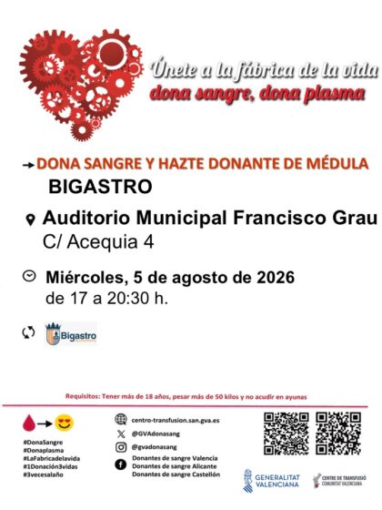 Bigastro, evento: Donación de sangre y para hacerse donante de médula, organizada por el Centro de Transfusiones de la Comunidad Valenciana