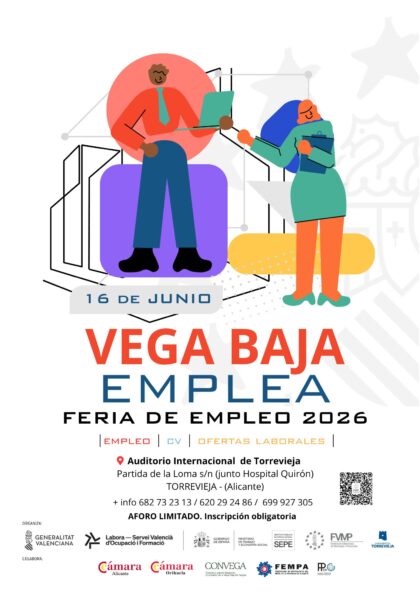 Torrevieja, evento: I Feria Comarcal de Empleo 'Vega Baja emplea 2026' con empresas, entidades, administraciones públicas y personas en búsqueda de empleo de toda la comarca, organizada por la Federación Valenciana de Municipios y Provincias (FVMP) y el Ayuntamiento de Torrevieja