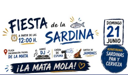 La Mata de Torrevieja, evento: Fiesta de la sardina con reparto gratuito de sardinas, pan y cerveza, música de dj, cañón de espuma y sorteo de jamones, organizada por la Concejalía de Fiestas, Asociación de Empresas de Hostelería de Torrevieja y Comarca, Cofradía de Pescadores y Cofradía de Nuestra Señora del Rosario