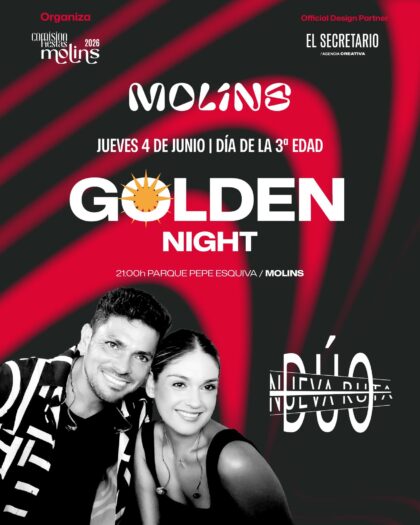 Molins de Orihuela, evento: Día de la Tercera Edad con cena en honor a mayores y espectáculo del dúo 'Nueva ruta' en el 'Golden night', dentro de las fiestas patronales en honor a San Antonio de Padua organizadas por la comisión de fiestas 2026