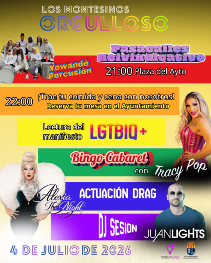 Los Montesinos, evento: Pasacalles reivindicativo a cargo de 'Yéwandé Percusión', dentro de los actos de 'Los Montesinos Orgulloso 2026' del Día Internacional del Orgullo LGTBI+ organizados por la Concejalía de Igualdad