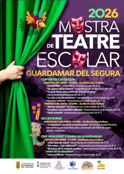 Guardamar del Segura, evento cultural: Representaciones de cinco obras de teatro, por el alumnado del CEIP Reyes Católicos, en la Mostra Escolar de Teatro 2026, dentro de la agenda municipal de junio del Ayuntamiento Guardamar del Segura, evento cultural: Representaciones de cinco obras de teatro, por el alumnado del CEIP Reyes Católicos, en la Mostra Escolar de Teatro 2026, dentro de la agenda municipal de junio del Ayuntamiento