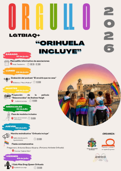 Orihuela, evento: Mercadillo informativo de asociaciones, dentro de los actos del Orgullo LGTBIQ+ organizados por la Concejalía de Bienestar Social y la asociación LGTBI 'Atrévete Orihuela'