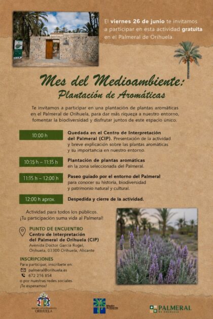 El Palmeral de Orihuela acogerá este viernes una jornada de plantación de aromáticas para fomentar la biodiversidad