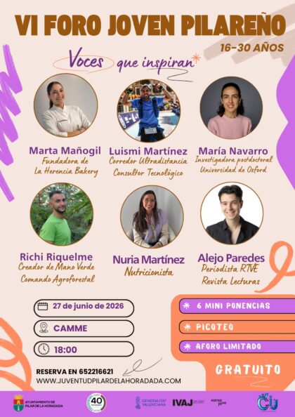 Pilar de la Horadada, evento: VI Foro Joven gratuito para jóvenes de 16 a 30 años con seis mini ponencias y picoteo, organizado por la Concejalía de Juventud