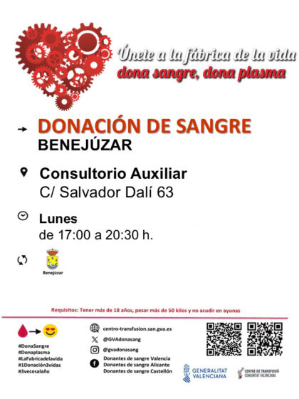 Benejúzar, evento: Donación de sangre, organizada por el Centro de Transfusiones de la Comunidad Valenciana