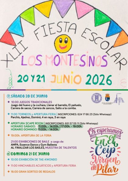 Los Montesinos, evento: XLII Fiesta Escolar con actividades para todas las edades, como exhibiciones deportivas, hinchables acuáticos, 'escape room', sorteos, música, servicio de barra, organizada por las AMPAS del CEIP Virgen del Pilar y del IES Los Montesinos 'Remedios Muñoz'