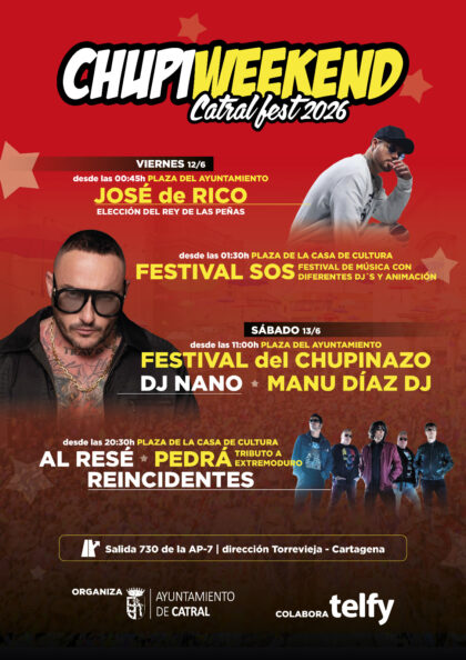 Catral, evento: Festival del chupinazo 2026 con sorpresas en el 'Chupiweekend Catral Fest 2026', dentro de los actos de las fiestas patronales de San Juan 2026 organizadas por el Ayuntamiento