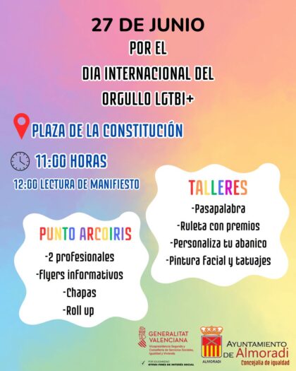 Almoradí, evento: Lectura del manifiesto del Orgullo LGTBIQ+ en la jornada participativa con actividades, talleres e instalación de 'Punto Arcoíris' con dos profesionales especializados para dar visibilidad y apoyo al colectivo LGTBIQ+, organizada por la Concejalía de Igualdad