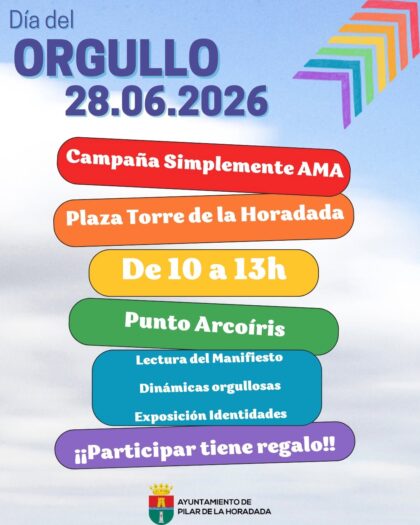 Pilar de la Horadada, evento: Campaña 'Simplemente AMA' con 'Punto Arcoíris', lectura del manifiesto, actividad 'Dinámicas orgullosas', exposición 'Identidades' y sorteos, con motivo del Día Internacional del Orgullo LGTBI organizada por las concejalías de Servicios Sociales, de Igualdad y de Juventud