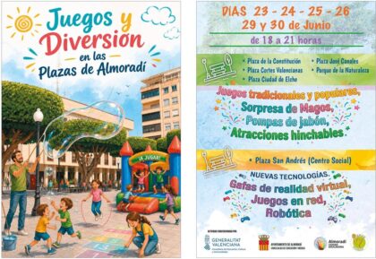 Almoradí, evento: Actividad 'Juegos y diversión en las plazas de Almoradí' para los más pequeños con juegos tradicionales y populares y con nuevas tecnologías, organizada por la Concejalía de Educación y Música