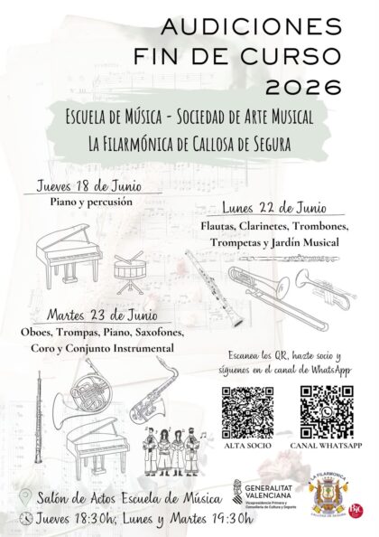 Callosa de Segura, evento cultural: Audición de oboes, trompas, piano, saxofones, coro y conjunto instrumental de la escuela de música de la Sociedad Arte Musical 'La Filarmónica', organizada por la propia SAM 'La Filarmónica'