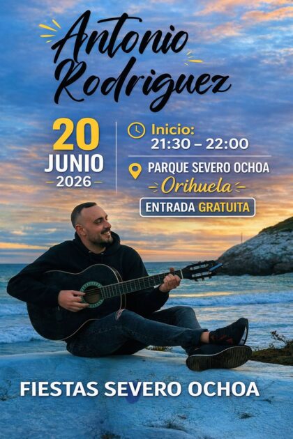 Orihuela, evento cultural: Concierto del cantante Antonio Rodríguez, dentro de los actos de las fiestas de San Antonio 2026 del barrio Severo Ochoa organizados por la Comisión de Fiestas