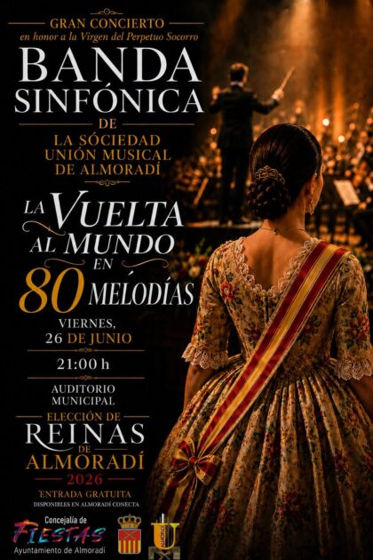 Almoradí, evento cultural: Concierto 'La vuelta al mundo en 80 melodías' en honor a la Virgen del Perpetuo Socorro, por la banda sinfónica de la Sociedad Unión Musical de Almoradí (S.U.M.A.), dentro de los actos de la festividad de la patrona, la Santísima Virgen del Perpetuo Socorro, organizados por la Concejalía de Fiestas