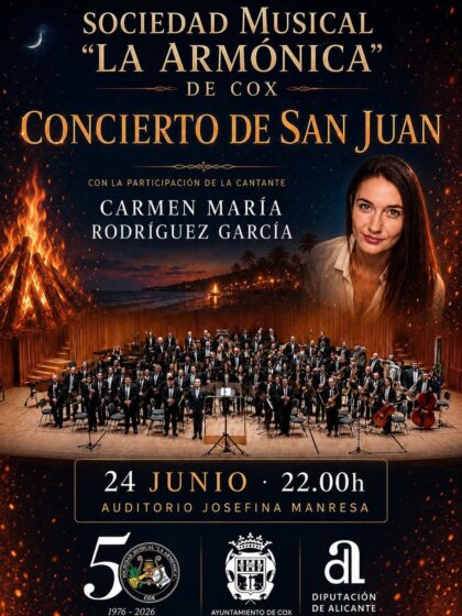 Cox, evento cultural: Concierto de San Juan a cargo de la Sociedad Musical 'La armónica' y de la cantante Carmen María Rodríguez, organizado por el Ayuntamiento