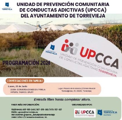 Torrevieja, evento: Torrevieja, evento: Charla gratuita formativa 'Vapers, tabaco y snuff', en el programa 'Conversaciones en familia I' de la Concejalía de Salud Pública y la Unidad de Prevención Comunitaria de Conductas Adictivas (UPCCA), dentro de la programación cultural para el segundo cuatrimestre de 2026 organizada por la Concejalía de Cultura