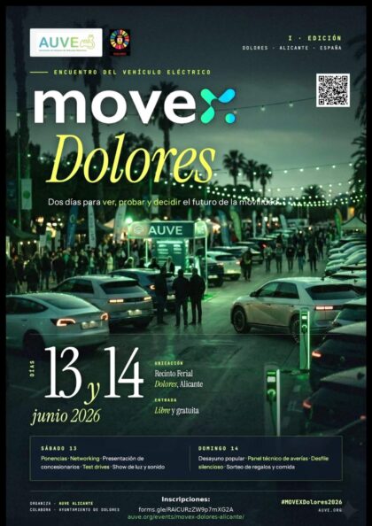 Dolores, evento: I Encuentro del vehículo eléctrico 'Movex Dolores 2026' con charlas, ponencias, 'test drives', espectáculo de luz, comida de hermandad y sorteos, organizado por la Asociación de Usuarios de Vehículos Eléctricos (AUVE) de Alicante con la colaboración del Ayuntamiento