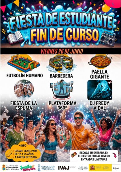 Guardamar del Segura, evento: Fiesta de estudiante de fin de curso para jóvenes de 12 a 25 años con actividades, dentro de la agenda municipal de junio del Ayuntamiento
