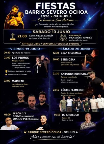 Orihuela, evento cultural: Concierto del grupo 'Marlene' con versiones indie-pop actual, dentro de los actos de las fiestas de San Antonio 2026 del barrio Severo Ochoa organizados por la Comisión de Fiestas