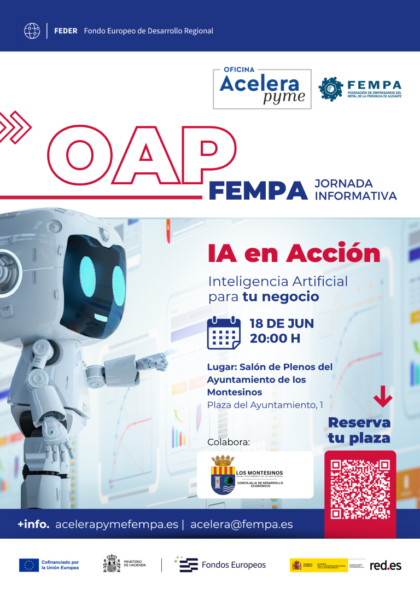 Los Montesinos, evento: Jornada gratuita para autónomos, comercios, emprendedores y empresas 'IA en acción: Herramienta y 'prompts' para impulsar tu negocio', por especialistas de la Oficina Acelera Pyme de FEMPA, organizado por la Concejalía de Desarrollo Económico